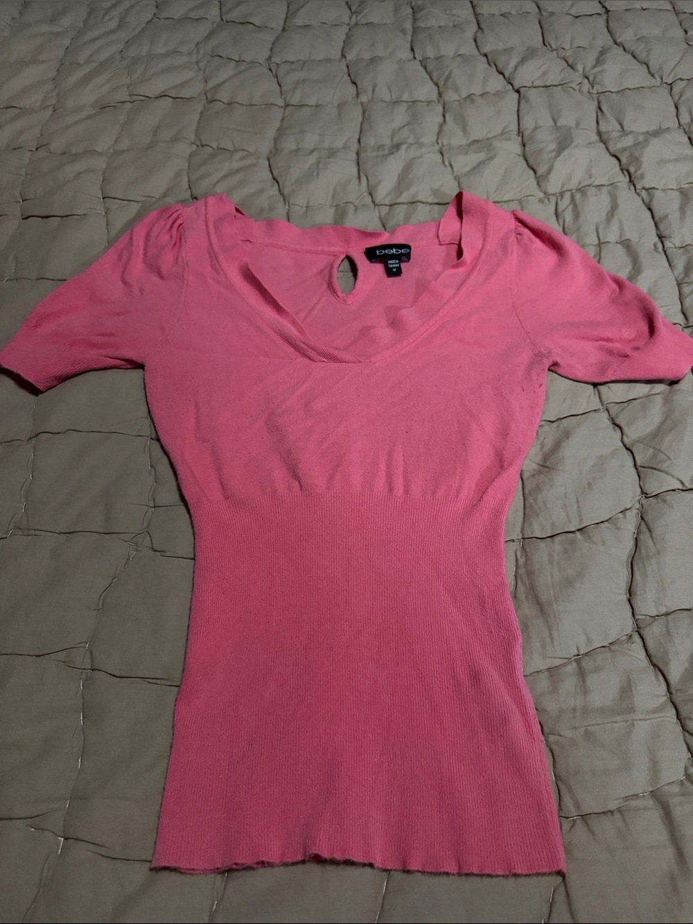 bebe Bright Pink Short-Sleeve Knit Top with Keyhole Neck